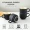 Coffee Mug Ceramic Set of 4 with Stand - 15 oz Stackable Large Porcelain Ribbed Latte Cup Set for Cappuccino, Tea, Hot Cocoa, Drinks - Dishwasher & Microwave Safe, Black